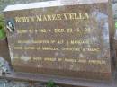 Robyn Maree VELLA,
born 6-5-68,
died 23-5-06,
daughter of Alf & Margaret,
sister of Michelle, Christine & Marc;
Mudgeeraba cemetery, City of Gold Coast