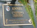 Jennifer Anne ENNIS (nee HALL),
1946 - 2003,
wife of John,
mother of Elizabeth & Matthew-John;
Mudgeeraba cemetery, City of Gold Coast
