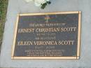
Ernest Christian SCOTT,
4-10-1910 - 1-1-2001;
Eileen Veronica SCOTT,
wife,
27-2-1970 - 29-5-2005;
parents of Peter, John & Tony (decd);
Mudgeeraba cemetery, City of Gold Coast
