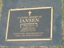 Tessa Patricia JANSEN,
1926 - 2004,
wife of Willem,
mother & grandmother of Willem Daniel, Anne Maree & Chris,
Joshua, Joel, Jessee & Jackson;
Mudgeeraba cemetery, City of Gold Coast