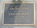 
Archie BURY,
1910 - 1998;
Ursula BURY,
1913 - 2000;
parents of Jenny, Tom, Peter & Fiona;
Mudgeeraba cemetery, City of Gold Coast
