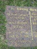
John Joseph OBRIEN,
born 1-11-1910,
died 21-7-1996,
husband father;
Charlotta Mary OBRIEN,
born 19-12-1913,
died 26-6-2002,
mother grandmother;
Mudgeeraba cemetery, City of Gold Coast
