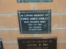 
Edwin James HAMLEY,
died 23-11-90 aged 61 years;
Mudgeeraba cemetery, City of Gold Coast
