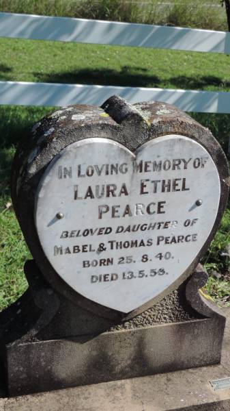 Laura Ethel PEARCE  | b: 25 Aug 1940  | d: 13 May 1953  | dau of Mabel and Thomas PEARCE  |   | Mulgildie Cemetery, North Burnett Region  |   | 