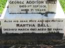 
George Addison BALL, husband father,
died 1 Sept 1931 aged 71 years;
Martha BALL, wife mother,
died 10 March 1957 aged 92 years;
Eliza BALL,
died 24 July 1963 aged 80 years;
Joseph BALL,
died 25 Feb 1969 aged 82 years;
Henry BALL,
died 16 Feb 1945 aged 76 years;
Louisa BALL,
died 11 Aug 1971 aged 86 years;
Mundoolun Anglican cemetery, Beaudesert Shire
