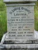 
Lavinia, wife of Alfred W.C. HENDERSON,
accidentally drowned with her two daughters
13 Dec 1913 aged 45 years;
Jessie, aged 18 years;
Elsie, aged 17 years;
Alfred William Compigne HENDERSON,
died 7 Dec 1937 aged 78 years;
Mundoolun Anglican cemetery, Beaudesert Shire
