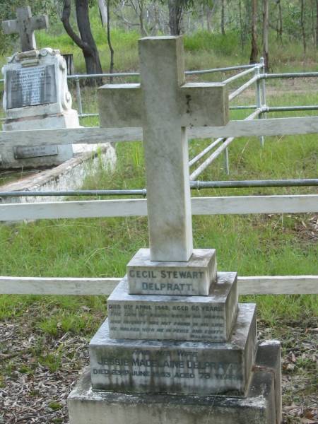 Cecil Stewart DELPRATT,  | died 11 April 1943 aged 65 years;  | Jessie Madelaine DELPRATT,  | died 23 June 1953 aged 73 years;  | Mundoolun Anglican cemetery, Beaudesert Shire  | 