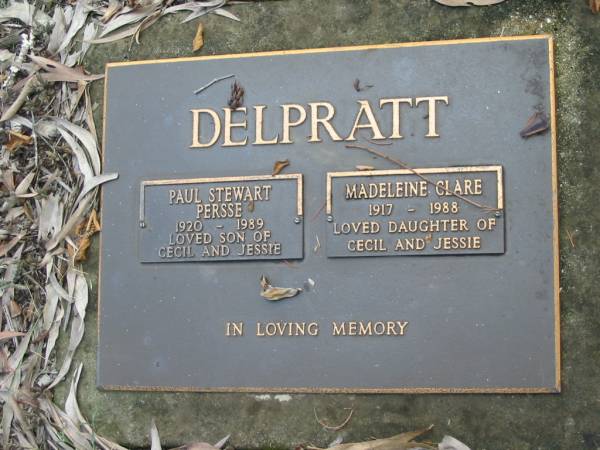 Paul Stewart Persse DELPRATT,  | 1920 - 1989,  | son of Cecil & Jessie;  | Madeleine Clare DELPRATT,  | 1917 - 1988,  | daughter of Cecil & Jessie;  | Mundoolun Anglican cemetery, Beaudesert Shire  | 