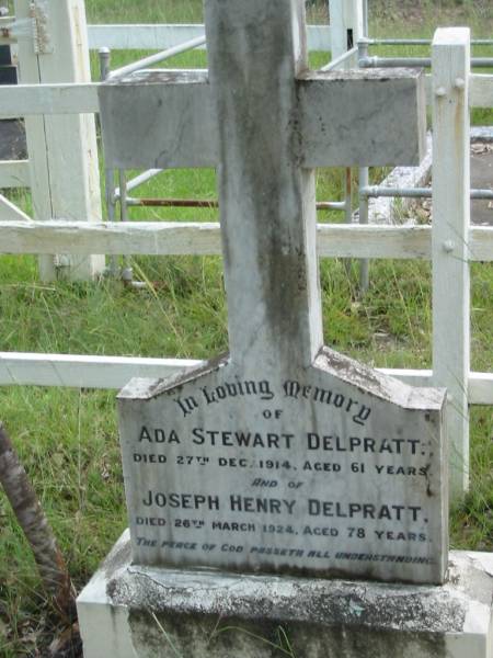 Ada Stewart DELPRATT,  | died 27 Dec 1914 aged 61 years;  | Joseph Henry DELPRATT,  | died 26 March 1924 aged 78 years;  | Mundoolun Anglican cemetery, Beaudesert Shire  | 
