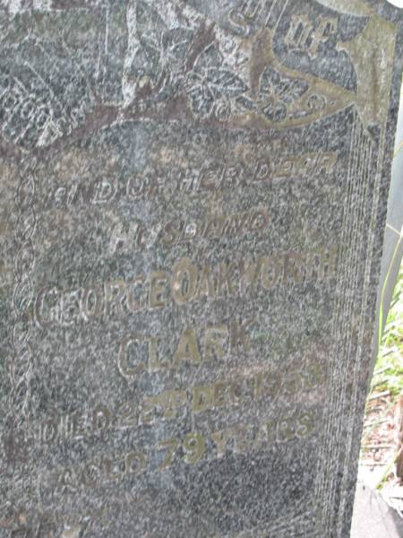 Florence May CLARK, wife mother,  | died 15 March 1945 aged 61 years;  | George Oakworth CLARK, husband,  | died 22 Dec 1958 aged 79 years;  | Mundoolun Anglican cemetery, Beaudesert Shire  | 