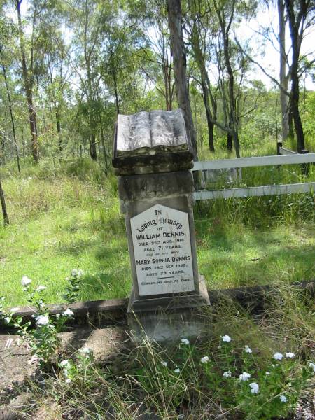 William DENNIS,  | died 29 Aug 1918 aged 71 years;  | Mary Sophia DENNIS, wife,  | died 24 Sept 1928 aged 79 years;  | Mundoolun Anglican cemetery, Beaudesert Shire  | 