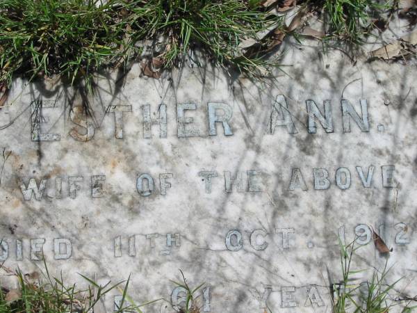 James H. BANKS,  | died 10 Oct 1904 aged 61 years;  | Esther Ann, wife,  | died 11 Oct 1912 aged 61 years;  | Mundoolun Anglican cemetery, Beaudesert Shire  | 