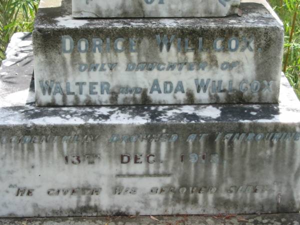 Dorice WILLCOX,  | only daughter of Walter & Ada WILLCOX,  | accidentally drowned at Tambourine  | 13 Dec 1913;  | Mundoolun Anglican cemetery, Beaudesert Shire  | 