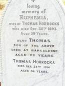 
Euphemia, wife of Thomas HORROCKS,
died 30 Oct 1893 aged 59 years;
Thomas, son,
died Barcaldine aged 28 years;
Thomas HORROCKS,
died 24 Sept 1914 aged 86 years;
Murphys Creek cemetery, Gatton Shire
