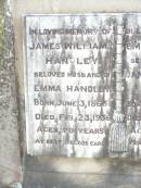James William HANDLEY, husband of Emma HANDLEY, born 3 June 1865 died 23 Feb 1936 aged 70 years; Emma HANDLEY, wife of James William HANDLEY, born 22 June 1870 died 31 March 1947 aged 77 years; Murphys Creek cemetery, Gatton Shire 