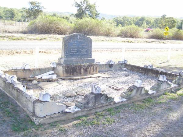 parents;  | John CAMPBELL,  | died 23 Feb 1923;  | Elizabeth CAMPBELL,  | died 27 July 1920;  | Elizabeth (Bess), daughter,  | died 30 April 1930;  | James, son,  | died 7 May 1882;  | Margaret CAMPBELL,  | died 12 Aug 1947;  | Murphys Creek cemetery, Gatton Shire  | 