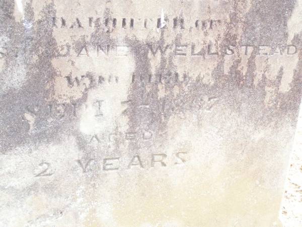 Charles? WELLSTEAD,  | died 10 Sept 187? aged 49 years;  | Mary Ann,  | daughter of Chas & Jane WELLSTEAD,  | died 7 Sept 1867 aged 2 years;  | Murphys Creek cemetery, Gatton Shire  | 