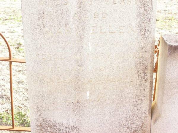 Mary KUNKEL,  | died Jan 1919 aged 85 years;  | Mary Ellen, daughter of George & Mary KUNKEL,  | died 2 Sept 1883 aged 19 years;  | George KUNKEL,  | died 29 Mar 1916 aged 82 years;  | George Micheal, son of George & Mary,  | died 25 Dec 1901 aged 43 years;  | Murphys Creek cemetery, Gatton Shire  | 