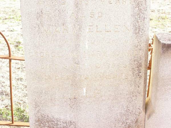 Mary KUNKEL,  | died Jan 1919 aged 85 years;  | Mary Ellen, daughter of George & Mary KUNKEL,  | died 2 Sept 1883 aged 19 years;  | George KUNKEL,  | died 29 Mar 1916 aged 82 years;  | George Micheal, son of George & Mary,  | died 25 Dec 1901 aged 43 years;  | Murphys Creek cemetery, Gatton Shire  | 