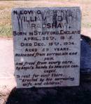 
William Heath BRADSHAW,
born Stafford Englnd 26 April 1845,
died 19 Dec 1904 aged 50 years,
erected by wife & children;
[removed from Murphys Creek cemetery, Gatton Shire
for restoration]
