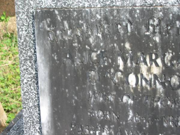 Alice Margaret O'CONNOR,  | wife of Thomas,  | born 28-5-1889,  | died 4-5-1990;  | Murwillumbah Catholic Cemetery, New South Wales  | 
