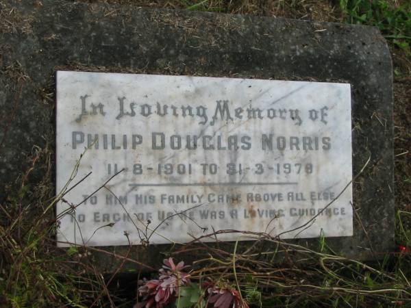 Philip Douglas NORRIS,  | 11-8-1901 - 31-3-1978;  | Murwillumbah Catholic Cemetery, New South Wales  | 