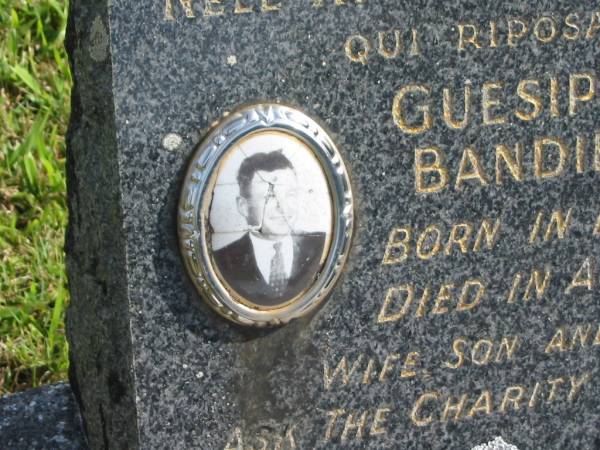 Guesippi Angelo BANDIERA,  | born Italy 29-6-1907,  | died Aust 20-8-1970,  | mssed by wife, son & daughters;  | Murwillumbah Catholic Cemetery, New South Wales  | 