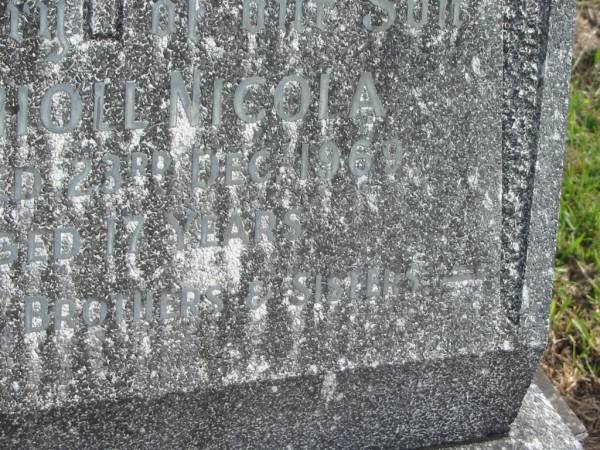 Scholl NICOLA,  | died 23 Dec 1969 aged 17 years,  | missed by mum, dad, brothers & sisters;  | Murwillumbah Catholic Cemetery, New South Wales  | 