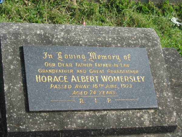 Horace Albert WOMERSLEY,  | father father-in-law grandfather great-grandfather,  | died 16 June 1973 aged 74 years;  | Murwillumbah Catholic Cemetery, New South Wales  | 