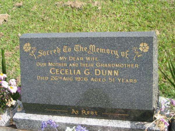 Cecelia G. DUNN,  | wife mother grandmother,  | died 26 Aug 1976 aged 51 years;  | Murwillumbah Catholic Cemetery, New South Wales  | 