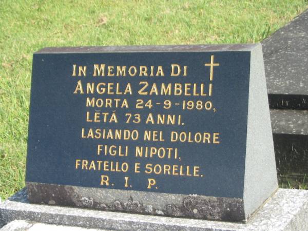 Angela ZAMBELLI,  | died 24-9-1980 aged 73 years;  | Murwillumbah Catholic Cemetery, New South Wales  | 