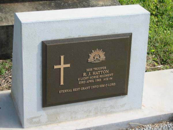R.J. HATTON,  | died 23 April 1963 aged 64 years;  | Murwillumbah Catholic Cemetery, New South Wales  | 