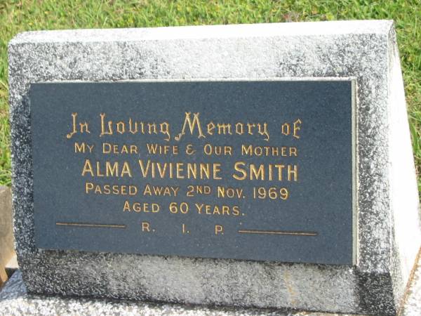Alma Vivienne SMITH,  | wife mother,  | died 2 Nov 1969 aged 60 years;  | Murwillumbah Catholic Cemetery, New South Wales  | 