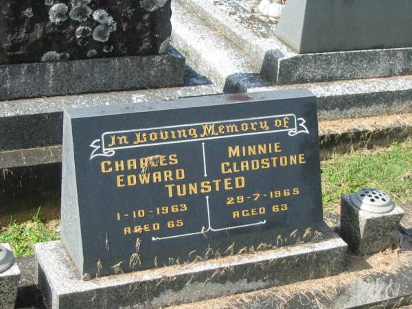 Charles Edward TUNSTED,  | died 1-10-1963 aged 65 years;  | Minnie Gladstone TUNSTED,  | died 29-7-1965 aged 63 years;  | Murwillumbah Catholic Cemetery, New South Wales  | 