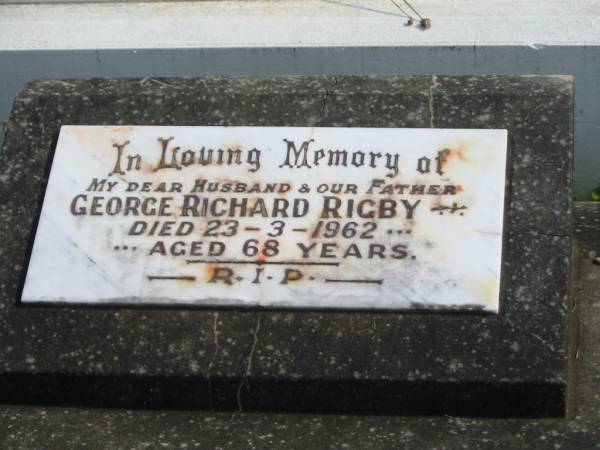 George Richard RIGBY,  | husband father,  | died 23-3-1962 aged 68 years;  | George Richard RIGBY Jnr,  | 30-6-1944 - 26-7-1944;  | Francis Arthur RIGBY,  | 11-7-1924 - 11-3-1991;  | Florence RIGBY,  | mother,  | died 30-3-1990 aged 87 years;  | Murwillumbah Catholic Cemetery, New South Wales  | 