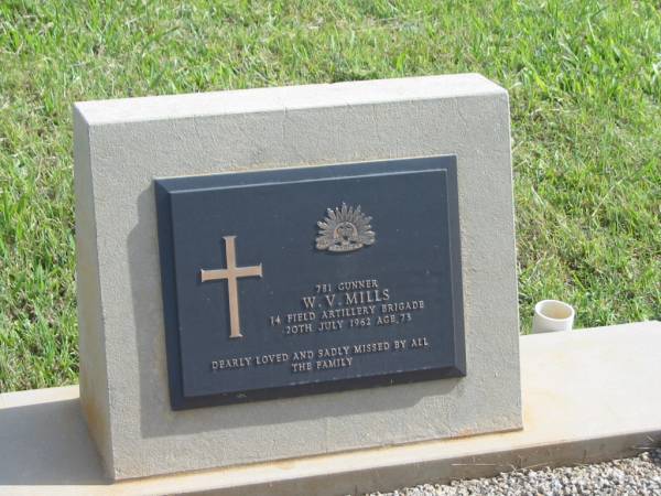 W.V. MILLS,  | died 20 July 1962 aged 73 years;  | Murwillumbah Catholic Cemetery, New South Wales  | 
