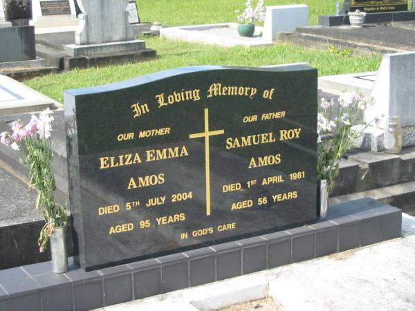 Eliza Emma AMOS,  | mother,  | died 5 July 2004 aged 95 years;  | Samuel Roy AMOS,  | father,  | died 1 April 1961 aged 56 years;  | Murwillumbah Catholic Cemetery, New South Wales  | 