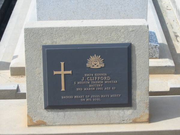 J. CLIFFORD,  | died 3 March 1965 aged 67 years;  | Murwillumbah Catholic Cemetery, New South Wales  | 