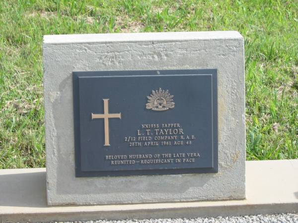L.T. TAYLOR,  | died 28 April 1961 aged 48 years,  | husband of late Vera;  | Murwillumbah Catholic Cemetery, New South Wales  | 