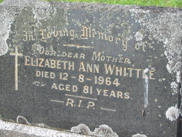 Elizabeth Ann WHITTLE,  | mother,  | died 12-8-1964 aged 81 years;  | Murwillumbah Catholic Cemetery, New South Wales  | 