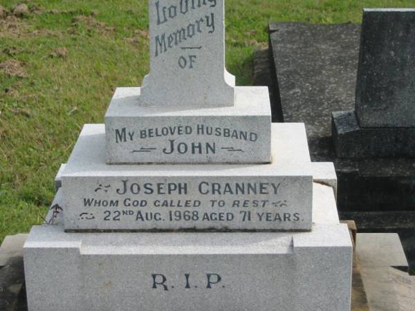 John Joseph CRANNEY,  | husband,  | died 22 Aug 1968 aged 71 years;  | Murwillumbah Catholic Cemetery, New South Wales  | 