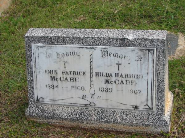John Patrick MCCABE,  | 1884 - 1960;  | Hilda Harriet MCCABE,  | 1889 - 1967;  | Murwillumbah Catholic Cemetery, New South Wales  | 
