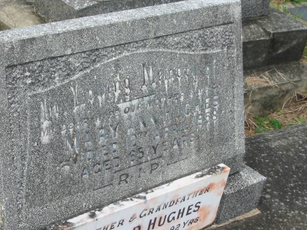 Mary Ann HUGHES,  | wife mother,  | died 12 April 1958 aged 65 years;  | Harold HUGHES,  | father grandfather,  | died 14-8-83 aged 92 years;  | Murwillumbah Catholic Cemetery, New South Wales  | 