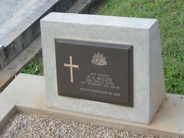 H.E. MILLER,  | died 21 Nov 1955 aged 63 years,  | remembered by Jack;  | Murwillumbah Catholic Cemetery, New South Wales  | 