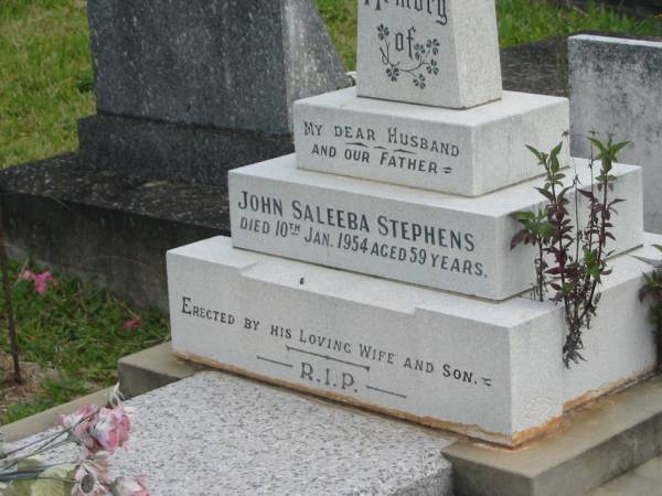 John Saleeba STEPHENS,  | husband father,  | died 10 Jan 1954 aged 59 years,  | erected by wife & son;  | Murwillumbah Catholic Cemetery, New South Wales  | 