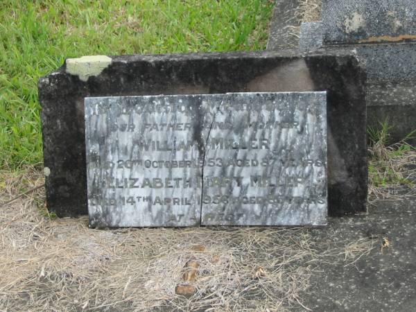 William MILLER,  | father,  | died 20 Oct 1953 ged 87 years;  | Elizabeth Mary MILLER,  | died 14 April 1956 aged 86 years;  | Murwillumbah Catholic Cemetery, New South Wales  | 