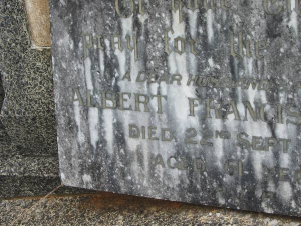 Albert Francis FOSTER,  | husband father,  | died 22 Sept 1953 aged 61 years;  | Murwillumbah Catholic Cemetery, New South Wales  | 