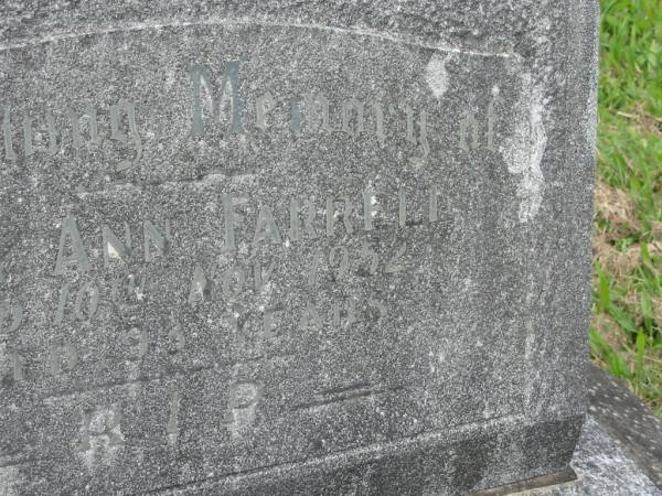 Mary Ann FARRELL,  | died 10 Nov 1952 aged 93 years;  | Murwillumbah Catholic Cemetery, New South Wales  | 