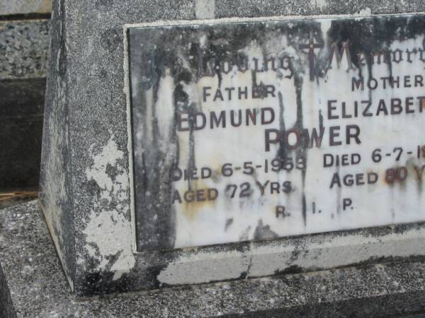 Edmund POWER,  | father,  | died 6-5-1953 aged 72 years;  | Elizabeth Jane POWER,  | mother,  | died 6-7-1962 aged 80 years;  | Thomas Herbert POWER,  | died 18 Oct 1985 aged 82 years;  | Murwillumbah Catholic Cemetery, New South Wales  | 
