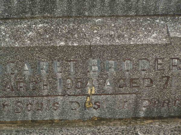 Annie BRODERICK,  | sister,  | died 24 Dec 1950 aged 75 years;  | Margaret BRODERICK,  | sister,  | died 10 March 1954 aged 71 years;  | Murwillumbah Catholic Cemetery, New South Wales  | 